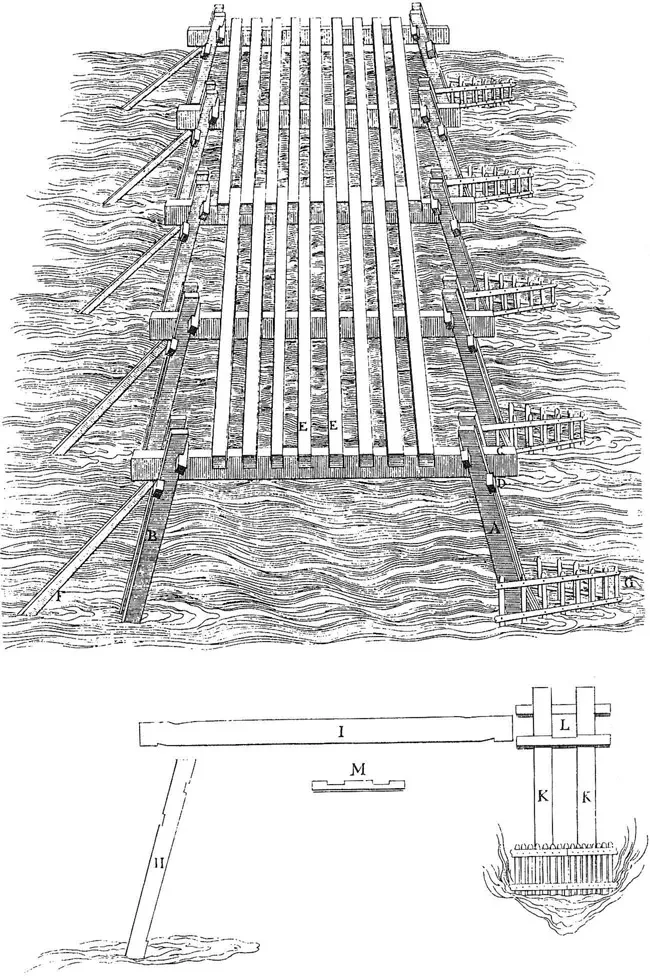 Figure 1-1 Caesar’s bridge over the Rhine River (from the reconstruction drawing by Andrea Palladio, from Four Books of Architecture, Book III, chapter VI, plate 2).