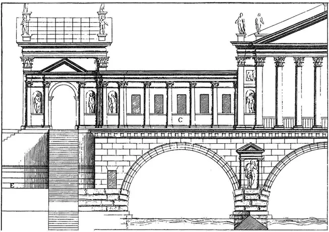 Figure 1-7a Stone bridge of Palladio’s invention, elevation (from Four Books of Architecture, by Andrea Palladio, Book III, chapter XIII, plate 9).