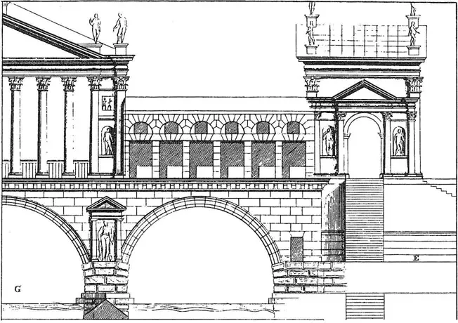 Figure 1-8a Stone bridge of Palladio’s invention, elevation (from Four Books of Architecture, by Andrea Palladio, Book III, chapter XIII, plate 10).