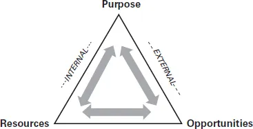 Professor Marcus Alexander’s strategy triangle. The vertices of the triangle represent purpose, opportunities and resources and competences. The left side represents internal and the right side represents external.