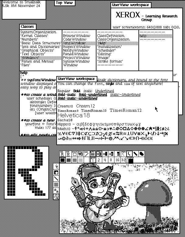 Figure 1.1 – Dynabook environment desktop (1976; Smalltalk-76 running on Alto). Copyright SUMIM.ST, licensed CC BY-SA 4.0
