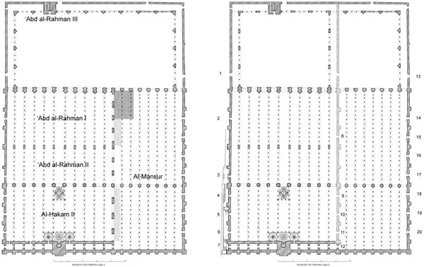 Two black and white ground plans of the Great Mosque of Cordoba. The one on the left shows the plan after the al-Mansur expansion (987-88). The other one is the same plan with the disappeared facade of Caliph al-Hakam II (961-76), discovered inside the mosque.