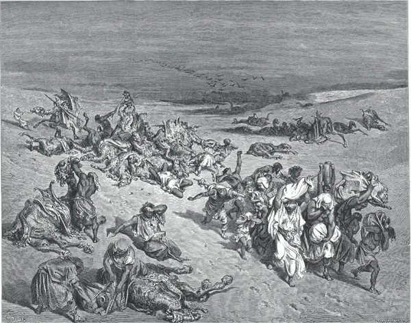 Gustave Doré, La quinta piaga: malattia del bestiame, incisione, 1866.