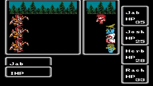 The combat screen of Final Fantasy 1, with the four heroes on the right and a group of three enemies on the left.