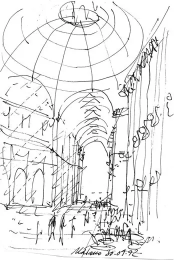 Illustration 1.1 Galleria Vittorio Emanuele II, Milan, Italy (1865-1877). Prominently sited on the northern side of the Piazza del Duomo, this galleria is a covered double arcade formed by two glass-covered vaults at right angles to each other and intersecting in a domed, octagonal central space. Architect: Guiseppe Mengoni.