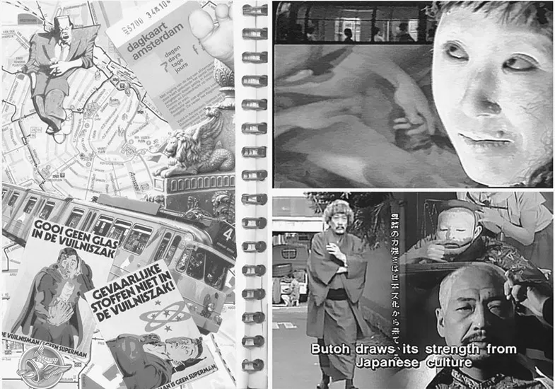 Figure 1.5 Using small exercises to stimulate creativity. Filmmaker Edin Velez’s collages (left) helped him develop the ideas about image layering that were later incorporated into his video work. The still frame on the top right is from his highly layered film about the traditional and the contemporary in Japanese culture, The Meaning of the Interval (1987). At bottom right is a frame from Dance of Darkness (1989).