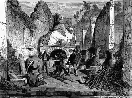 Figure 1.3 Chaotic excavation. Nineteenth-century diggers uncover a bread oven at Pompeii during the 1880s.
