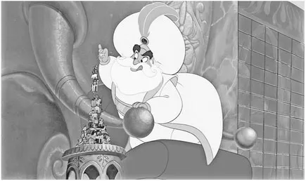 The Sultan constructs a tower of little toys. This is another example of the character having very little to do, both in terms of his daily life and his role in the film. © 1992, Disney