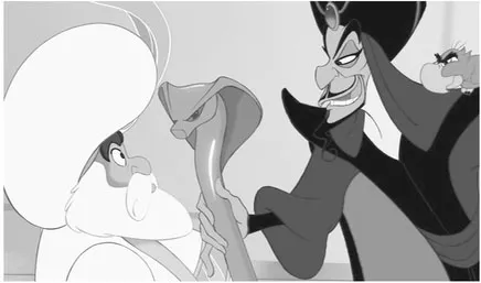 Jafar uses his viper -staff to hypnotize the Sultan. This image illustrates the point I make about how hypnotizing the Sultan reduces the theatrical value of the character because he is not responsible for his own choices. © 1992, Disney