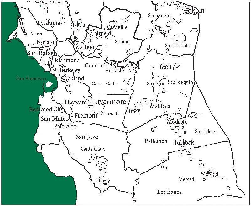 Figure 1.1 The 13-county Bay Area Source: Schafran 2013: 668, Figure 1.