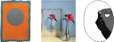 Schematic illustration of three paintings labeled, grey on orange, flower, and drawing drawing.