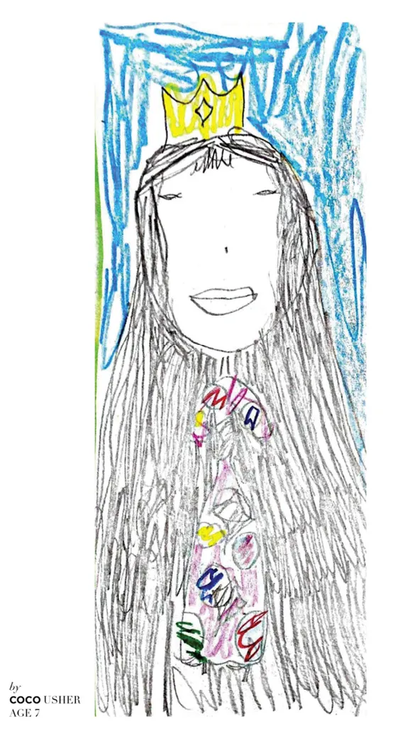 Crayon drawing of a queen by Coco Usher, age 7