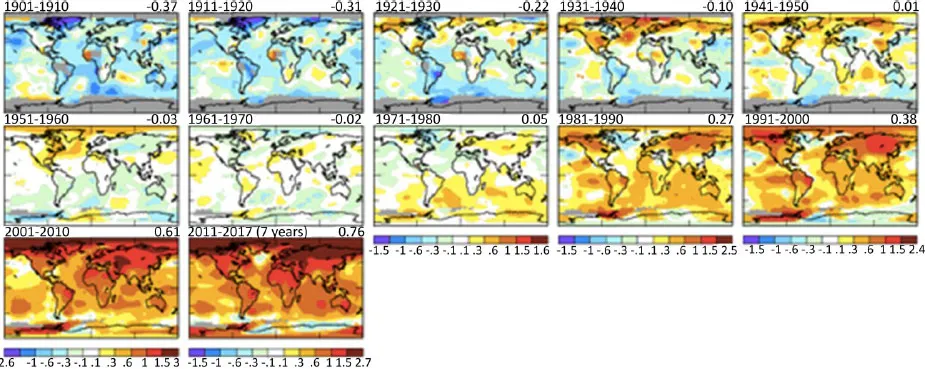 Photo depicts the average surface temperature per decade from 1910 to 2017.