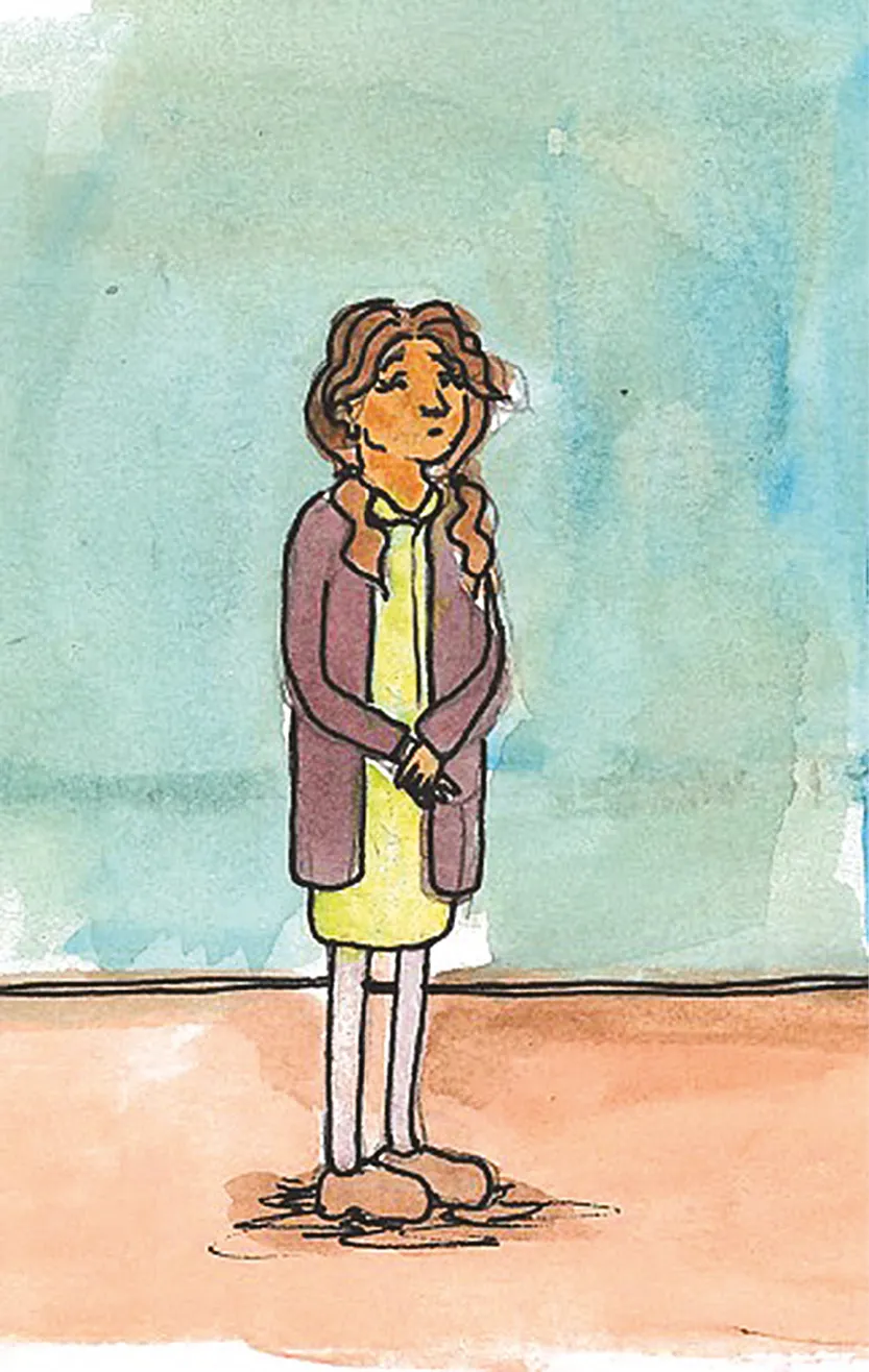 Miss Tragic stands on her own in a room looking rather sad and tragic. The walls are aquamarine and the floor is terracotta. She wears a long, purple cardigan, over a lime green dress. She has heavy shoes and white stockings. Her wavy hair is in loose, hanging bunches. She is tall and slim with a pretty but sullen face.