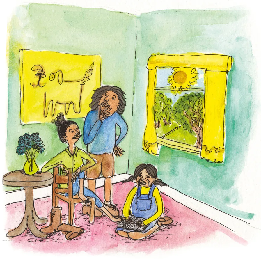Three siblings are in their house looking disappointed and puzzled. the eldest sibling sits on the chair, her younger brother stands pawing his chin and their younger sister looks at her school book, sobbing on the floor. Outside the sun is shining and there are flowers on the table.