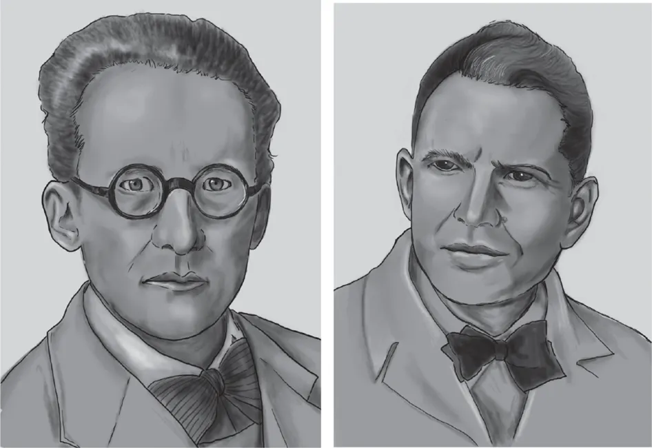 Photographs of the portrait of Erwin Rudolf Josef Alexander Schrödinger (left) and Erwin Chargaff (right).