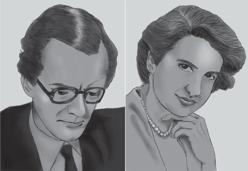 Photographs of the portrait of Maurice Hugh Frederick Wilkins (left) and Rosalind Elsie Franklin (right).