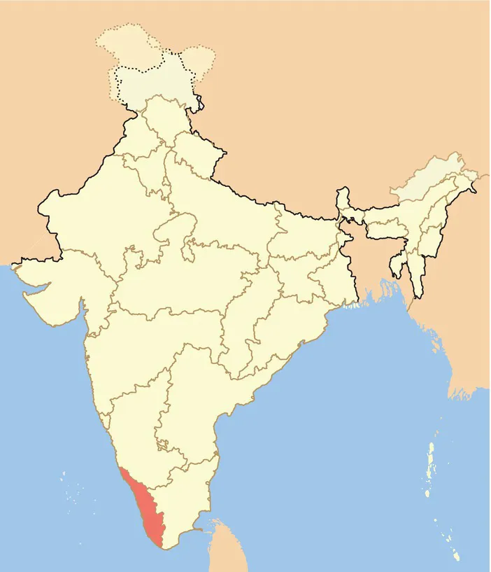 A map of India with the state of Kerala marked in the South Western side of the peninsula.