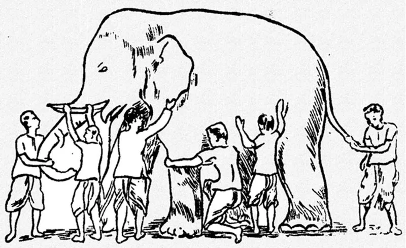 Blind men touching an elephant to describe it.