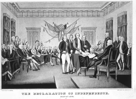 Figure 1.1 Foundation myth: the Declaration of Independence by America’s ‘Founding Fathers’ in 1776 remains an iconic moment in American history of immense symbolic importance. American school history books still present it in resolutely heroic terms. © Library of Congress, Washington D.C., USA/Bridgeman Images.