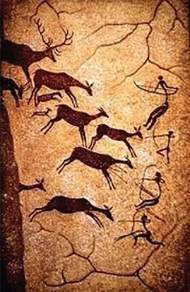 Figures 1-2a and 1-2b Cave art from Lascaux, France, dated more than 17,000 years ago. This art shows humans hunting animals with a bow and arrow. The picture on the right shows realistic depictions of animals.