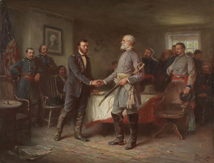 PLATE 1.3 Let Us Have Peace, 1865 by Jean Leon Gerome Ferris, depicting the Confederate Civil War general, Robert E. Lee, signing surrender documents before the Union general, Ulysses S. Grant, in the parlor of the McLean House (Appomattox Court House) on April 9, 1865, effectively ending the American Civil War.