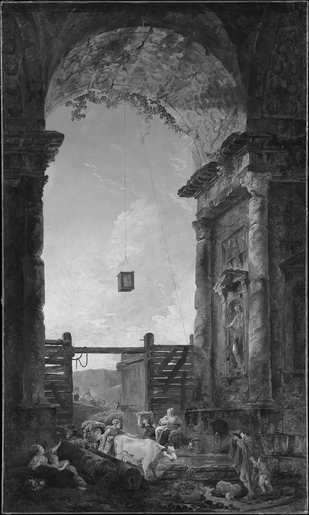 Oil painting framed by an ancient stone arch in decay, with a sculpture in a niche sitting atop a basin filled by water pouring from the base of the arch column. Visible through an open wooden gate in the arch are cloudy skies, distant hills, a lamp hanging from the arch, tied down to the fence, two human figures and cattle approaching. In the foreground figures sit or lay down, and cattle stand in front of the fountain.