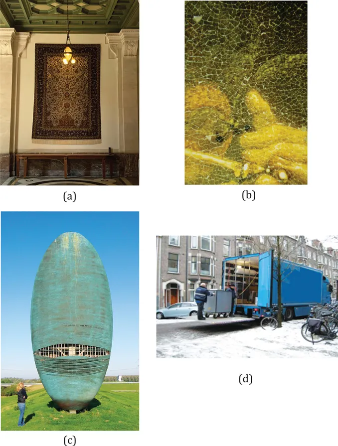 Figure 1.1 Examples of mechanical issues which face conservators: (a) Hanging of a wall tapestry, (b) craquelure in an oil painting, (c) failure of bonds holding copper coils to the metal frame of an outdoor sculpture (“Tong van Lucifer” (1993) by Ruud van de Wint, located on the Knardijk near the A6 highway, The Netherlands), and (d) vibration and shock during the transport of works of art.