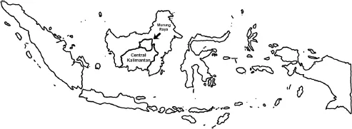 Map of Indonesia indicating the province of Central Kalimantan and the district of Murung Raya. The map is produced by Kristina Großmann and Elena Rudakova