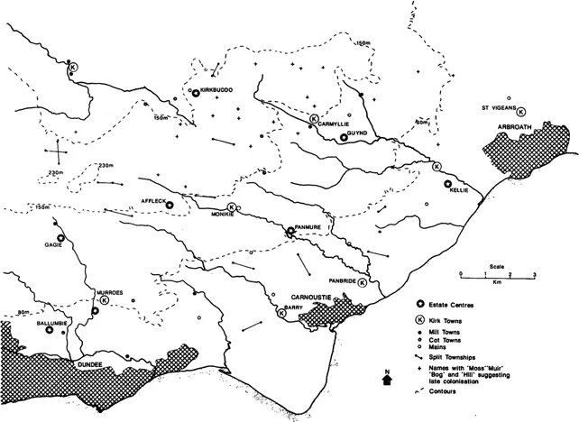 Map 1 Elements of the pre-improvement settlement pattern in southern Angus.