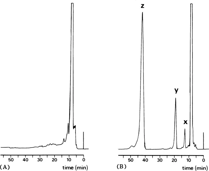 Figure 1.1 Chromatograms obtained after the derivatization of α-naphthyl-β-D-glucuronide, β-estradiol-17-β-D-glucuronide, and mentholglucuronide with N-(1-naphthyl)ethylenediamine (NED) according to the 2-bromo-l-methylpyridinium iodide method. (A) blank chromatogram. (B) derivatization of 10 μg of the three glucuronides. x, amide of mentholglucurohide and NED. y, amide of estradiolglucuronide and NED. z, amide of mentholglucuronide and NED. (Reprinted with permission from Lingeman, H., U. R. Tjaden, C. M. B. van den Beld, and J. van der Greef, J. Pharm. Biomed. Anal. [12].)
