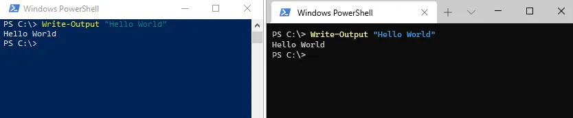 Figure 1.1 – PowerShell, running in both the old conhost on the left, and the new Windows Terminal on the right
