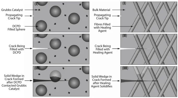 Schematic illustration of concept on healing mechanisms in microcapsule- (left column) and hollow fiber- (right column) based self-healing composites. Extrinsic polymeric composites.