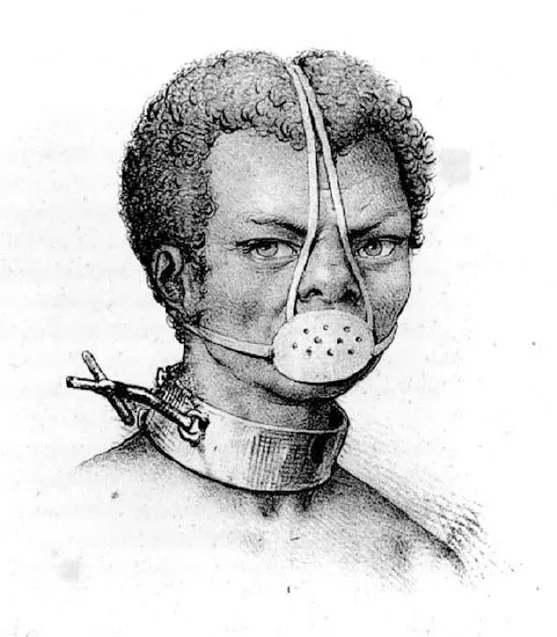 Black and white portrait sketch of Escrava Anastácia by Jacques Étienne Victor Arago, circa 1839. There is a collar attached to Escrava Anastácia’s neck, and her mouth is covered by a muzzle.