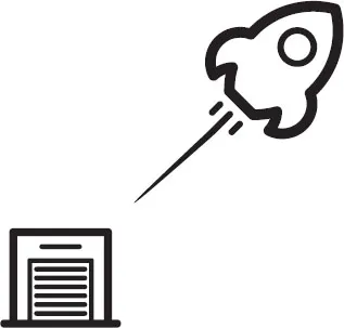 An illustration shows a rocket taking off from a small building.