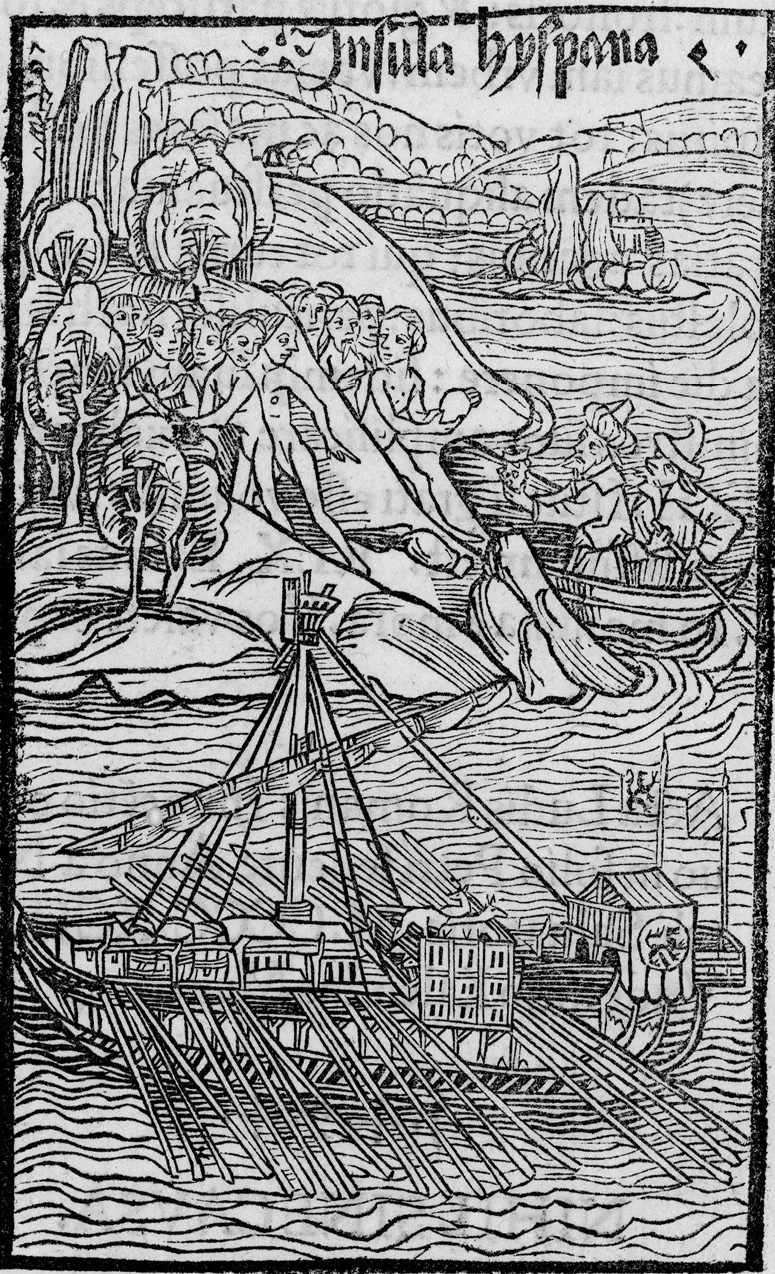 Woodcut illustration of a boat approaching a shore of naked, fearful looking people
