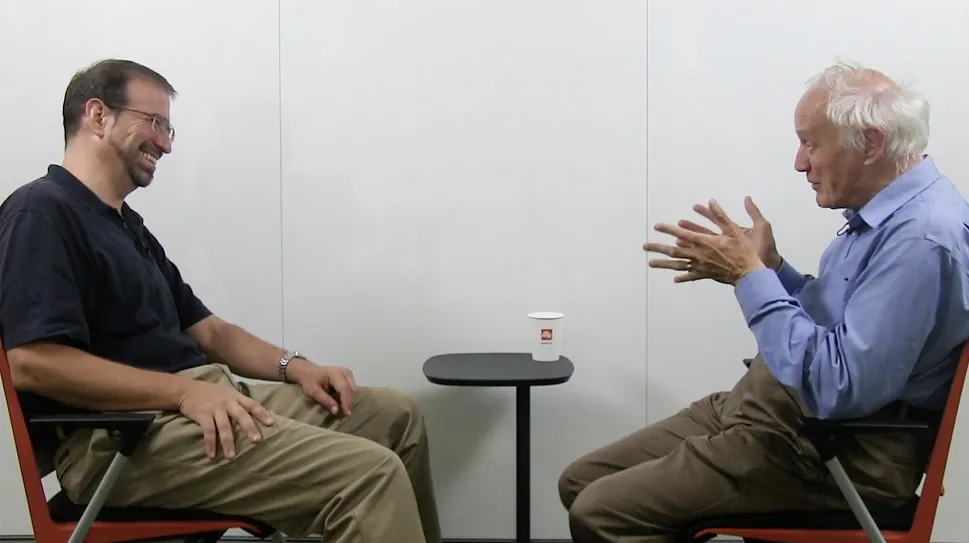 Photo of Tony Leggett and Howard Burton in conversation