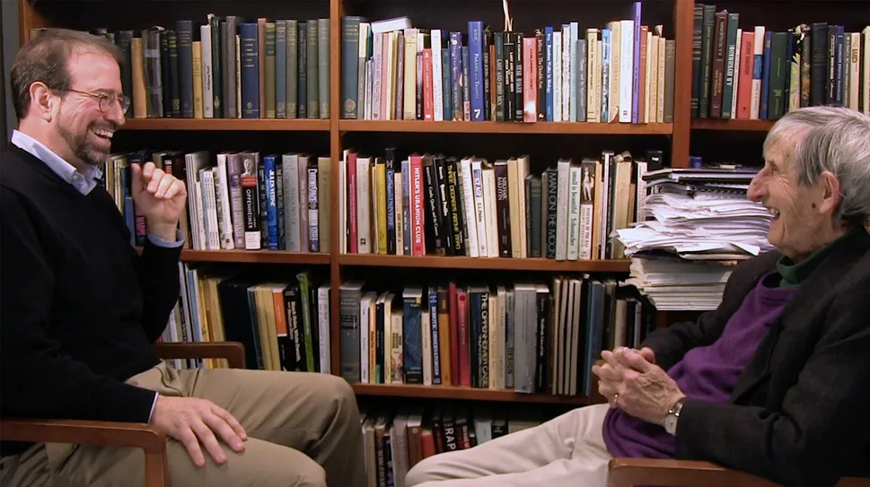 Photo of Freeman Dyson and Howard Burton in conversation