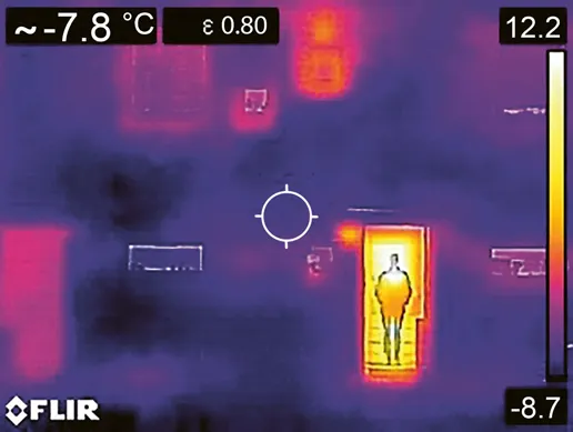 Fig 1.01.1 A thermal image or thermogram captures the long-infrared frequencies of the electromagnetic spectrum, so can visualise temperature. This increasingly ubiquitous technology (used to diagnose Covid-19 at airports) can be used to accurately measure human temperature as well as the relative thermal insulative performance of building fabric – or how much heat a wall traps or emits.