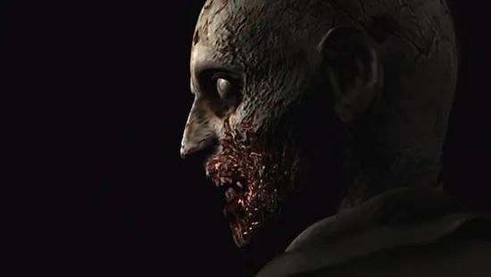 Resident Evil 1 Remake scene with the zombie turning around to face the player with blood on its face.