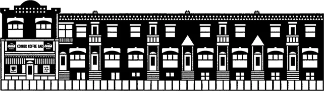 A series of seven two-storey row houses with a larger square building attached on the left hand side. The larger building has a sign reading “Coffee Corner Bar” and advertisements for Coca Cola. 