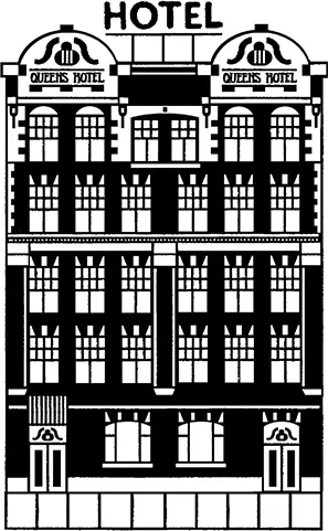 A five-storey building with ornate windows and decorations. Signs on the roof reads “Hotel” and “Queens Hotel” and there are two double-doored entrances.
