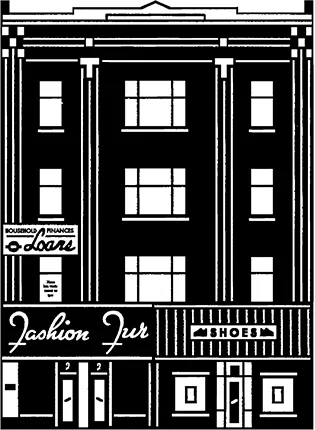 A four-storey building with three columns of windows divided from each other by thin columns. The ground floor contains two shops with signs reading “Fashion Fur” and “Shoes.” On the second floor, a sign reads “Household finances loans.”