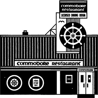 A rectangular two-storey building with a large tower attached to the right-hand side so that the building resembles a steam ship. The tower has a large model of a ship’s wheel attached to it and there is another wheel in one of the two ground floor windows resembling portholes. A sign on the tower says “Commodore Restaurant: Licensed Dining Room” and another above the ground floor windows says “Commodore Restaurant.”