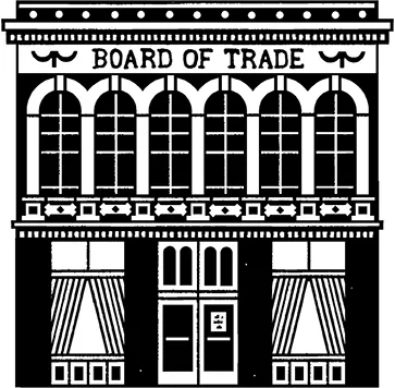 A square, two-storey building with the words “Board of Trade” written just below the roof. The ground floor has a double-doored entrance with two large windows either side, while the second floor has six smaller windows that are rounded at the top.