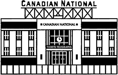 A long rectangular building with a large sign mounted on girders saying “Canadian National” on the roof. A large entrance way stands in the centre of the building with another Canadian National sign and the words “Tickets, Telegraphs” above the doors.