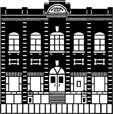 A square, two-storey building with a slightly raised roof in the centre saying “Farnham Block 1912.” Steps lead up to a central doorway on the ground floor and there are four windows on the ground floor and five on the second floor.