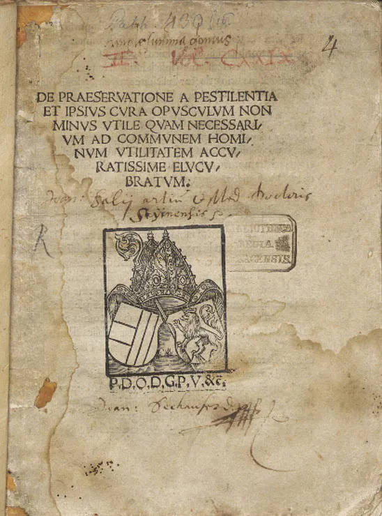 Title page of a book by Johannes Saltzman, with calligraphy and images. English translation of book title: “A little work on the prevention of the plague and its cure, just as useful as necessary, explained accurately for the use of the common man”