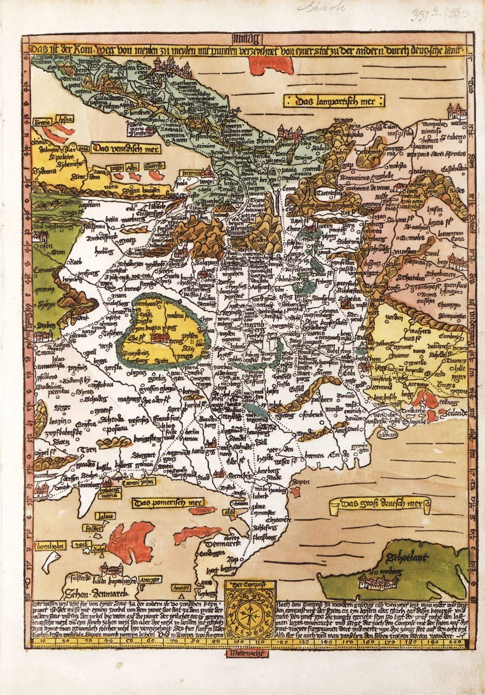 Colorful, hand-drawn map, meant for voyagers going to Rome. Map emphasizes various places and geographical feaures like mountains and especially the connectionsand routes  between each.