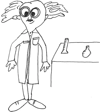 A drawing of a wild-haired man wearing glasses and a lab coat, standing next to a table on which a beaker and flask are resting.